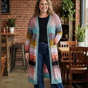 Plus Size 2X‎ Boho Duster Cardigan Space Dye Striped 70s Retro Ribbed Knit Artsy